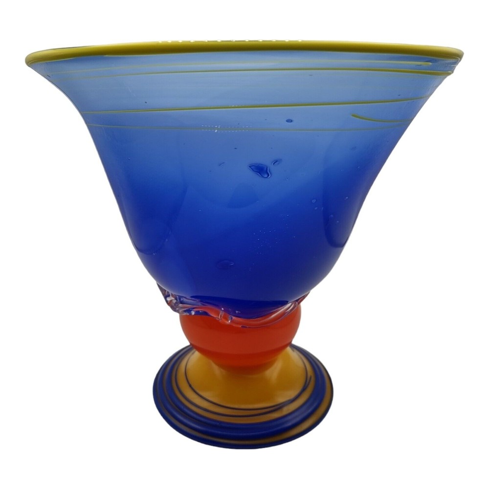 Hand Crafted Blue Yellow and Orange Mid-Century Modern Blown Glass Bowl *Read*